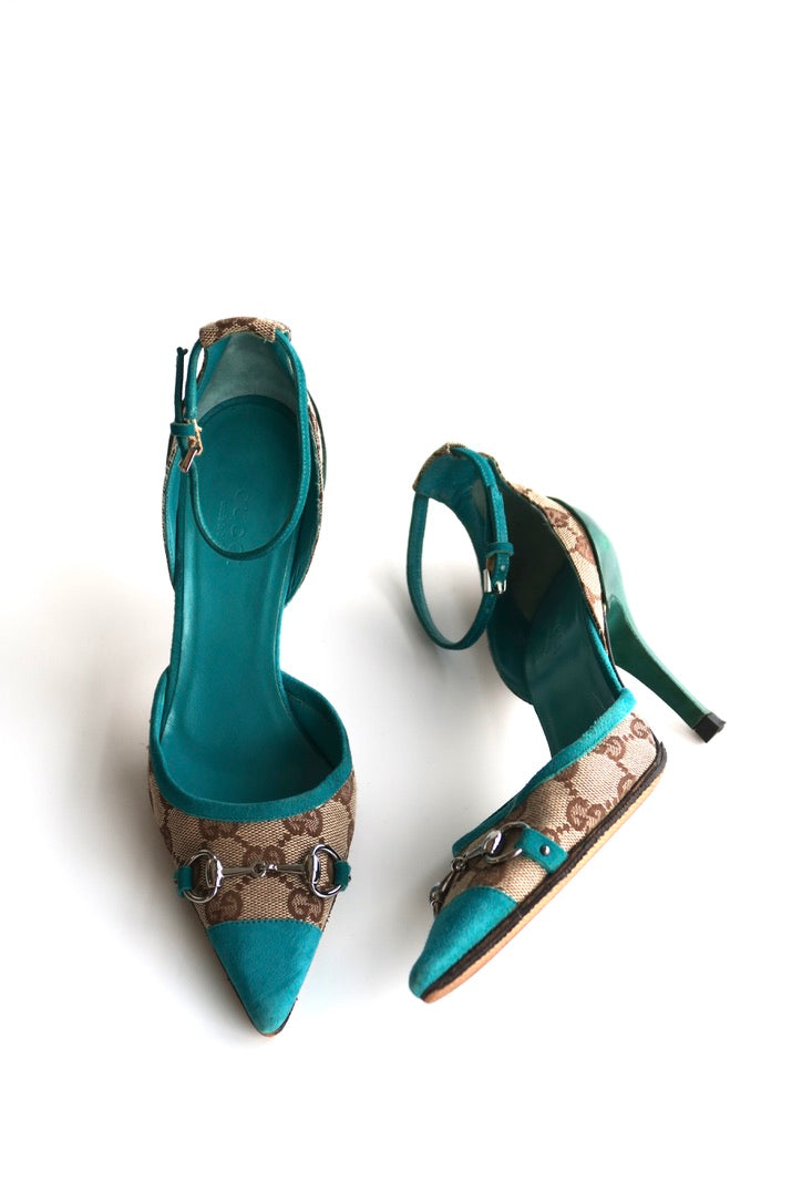 Gucci Turquoise Ankle Strap Heels, IT 34