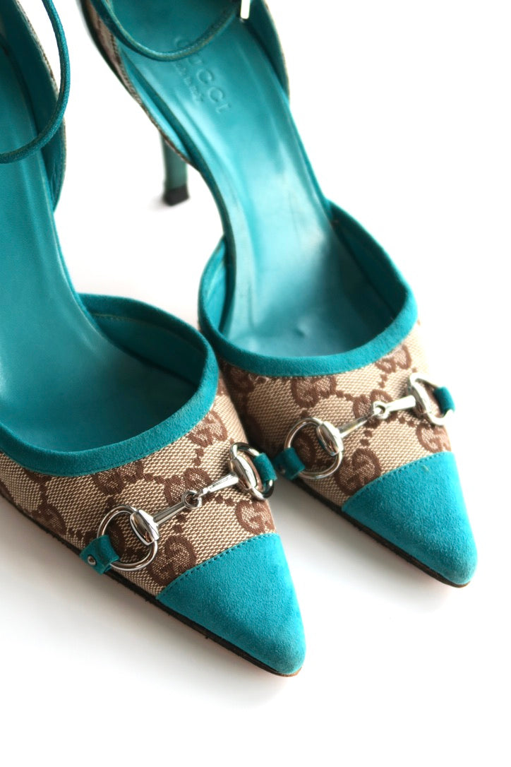 Gucci Turquoise Ankle Strap Heels, IT 34