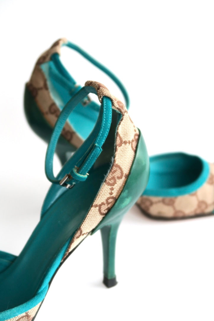 Gucci Turquoise Ankle Strap Heels, IT 34