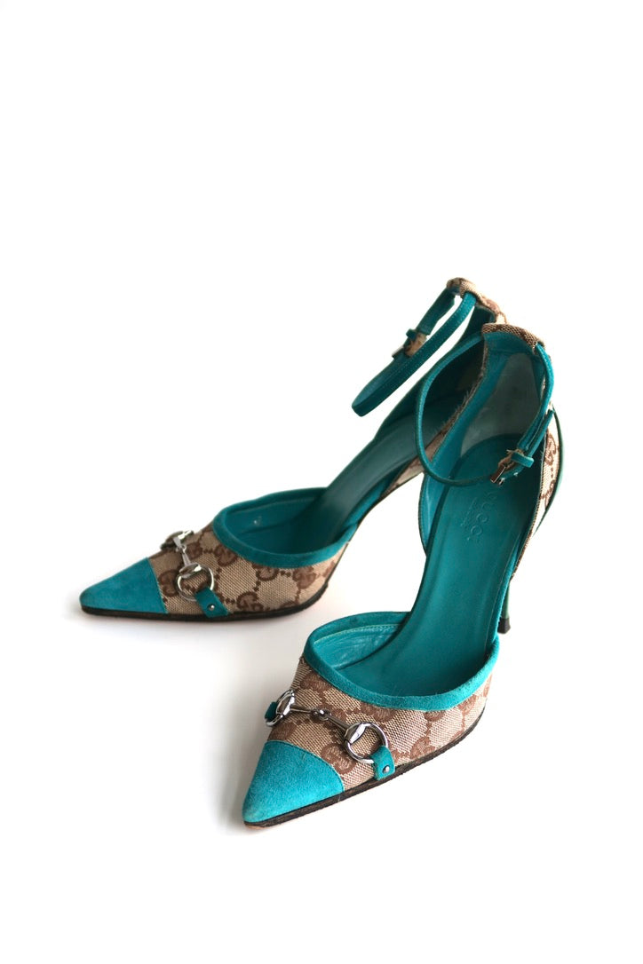 Gucci Turquoise Ankle Strap Heels, IT 34