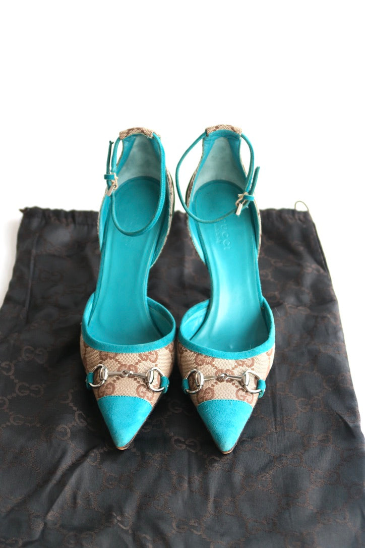 Gucci Turquoise Ankle Strap Heels, IT 34