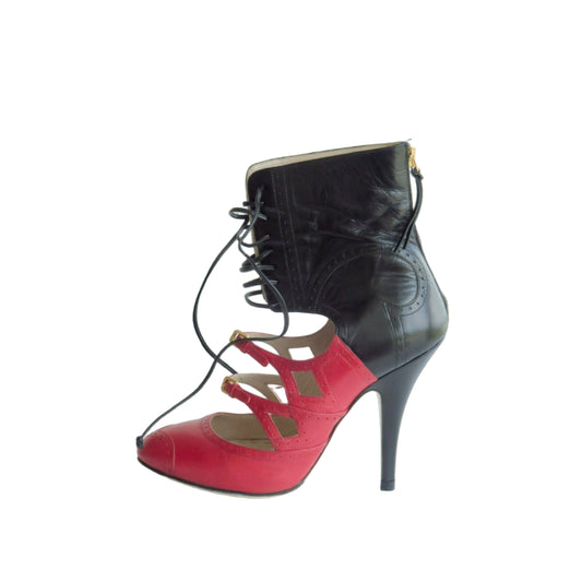 Black and red high-heeled shoe on a white background