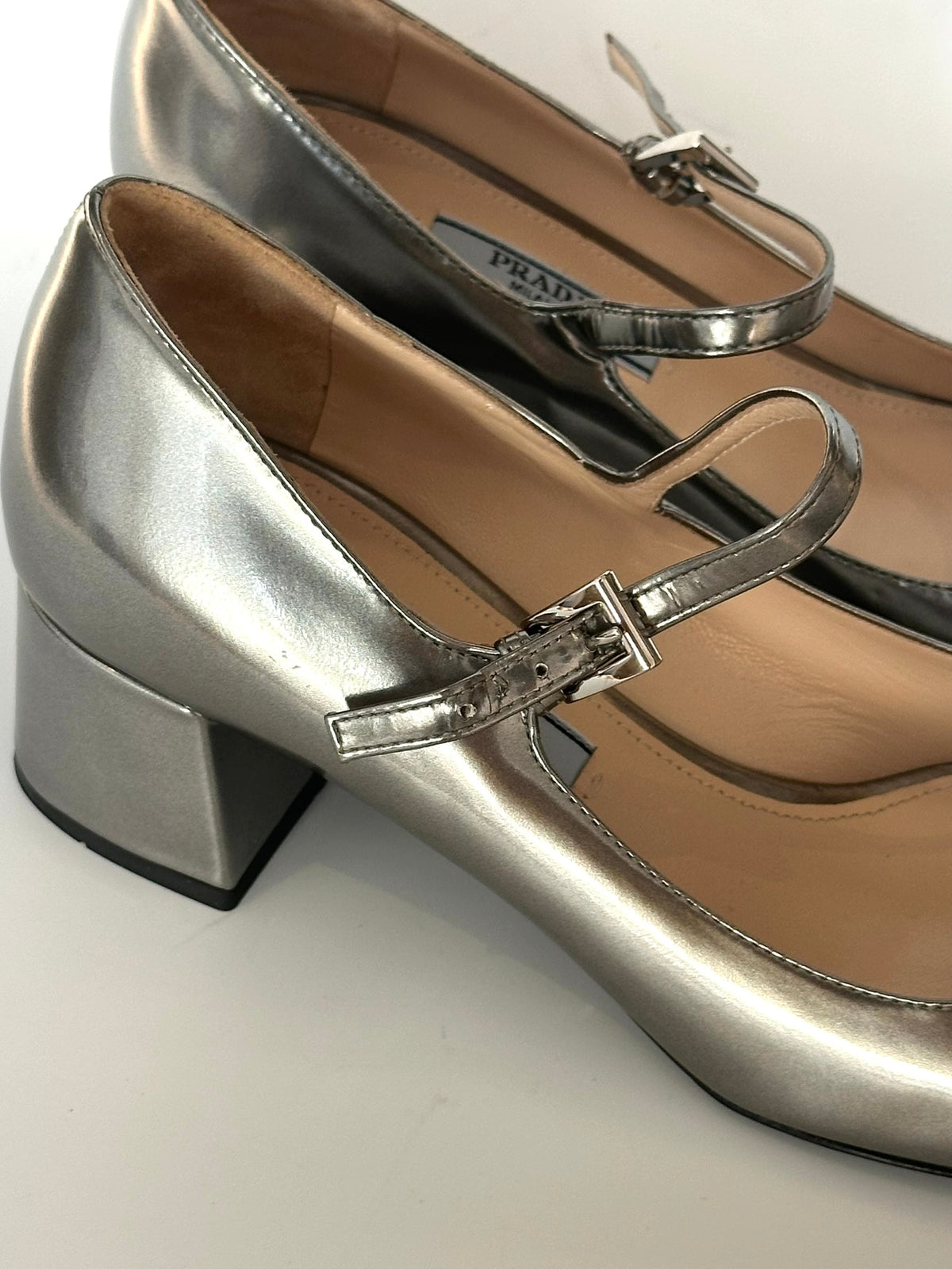 Prada Silver Mary Jane Heels, IT 35.5