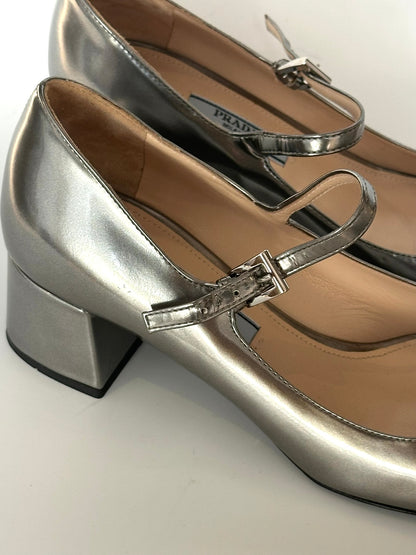 Prada Silver Mary Jane Heels, IT 35.5