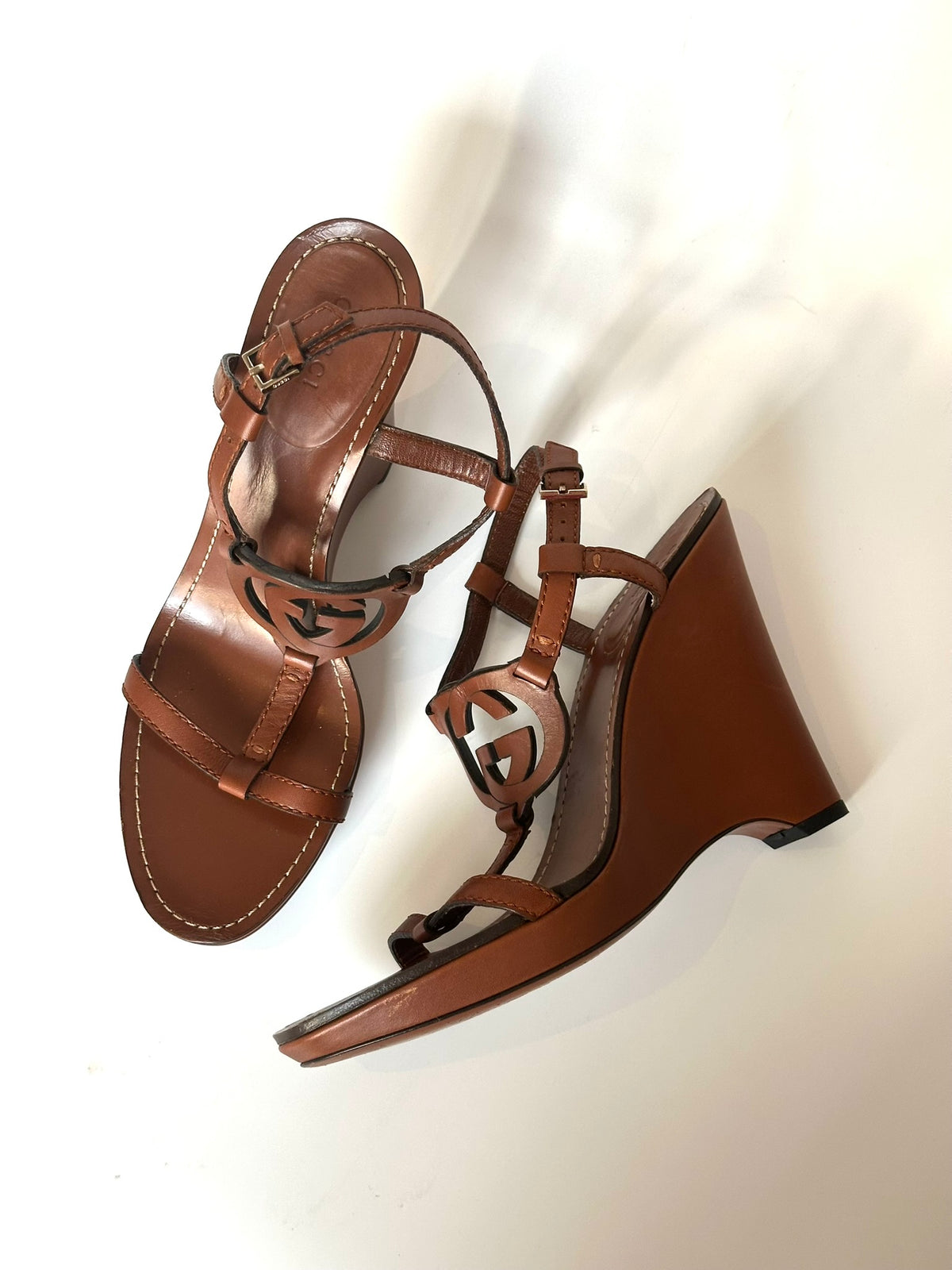 Gucci Brown Leather Wedge Heels, IT 38.5