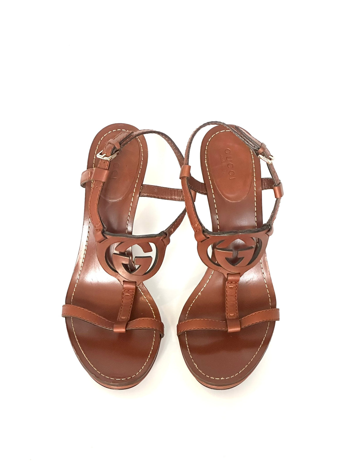 Gucci Brown Leather Wedge Heels, IT 38.5