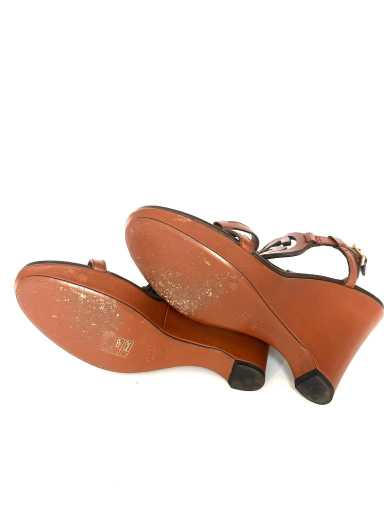 Gucci Brown Leather Wedge Heels, IT 38.5