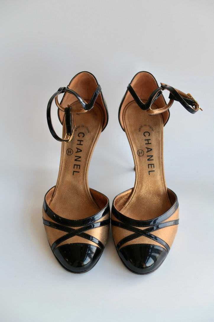 Chanel Gold Ankle Strap Heels, IT 36.5