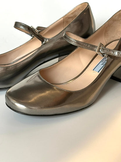 Prada Silver Mary Jane Heels, IT 35.5