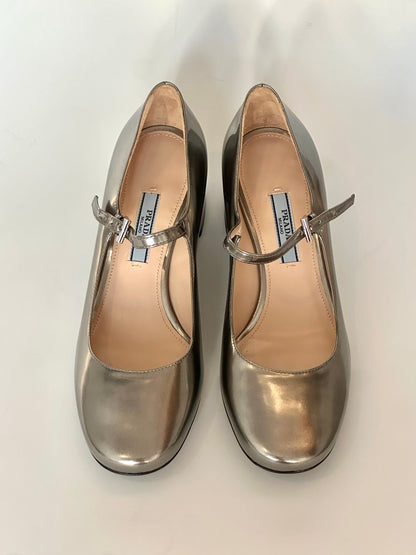 Prada Silver Mary Jane Heels, IT 35.5