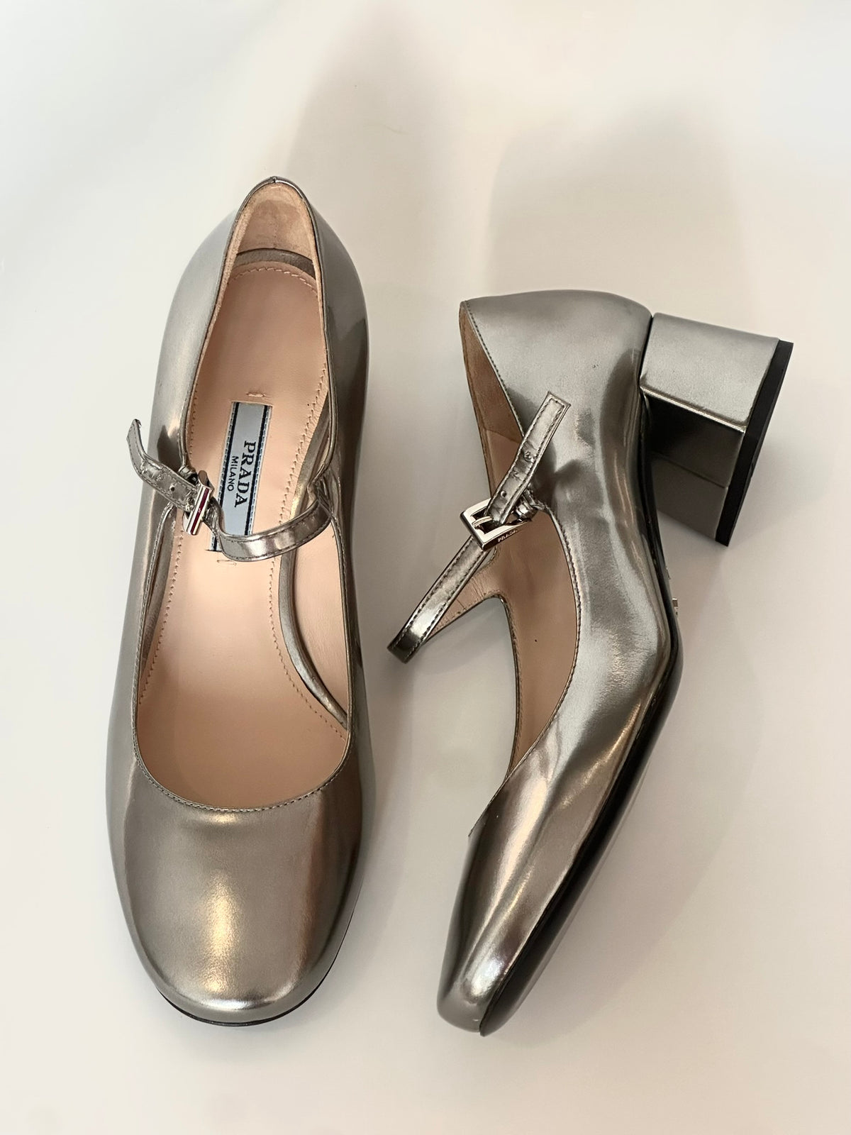 Prada Silver Mary Jane Heels, IT 35.5