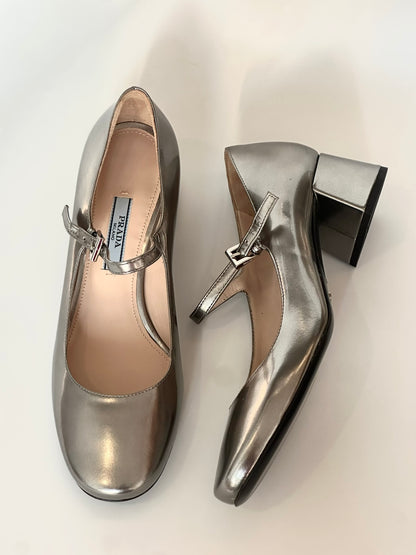 Prada Silver Mary Jane Heels, IT 35.5