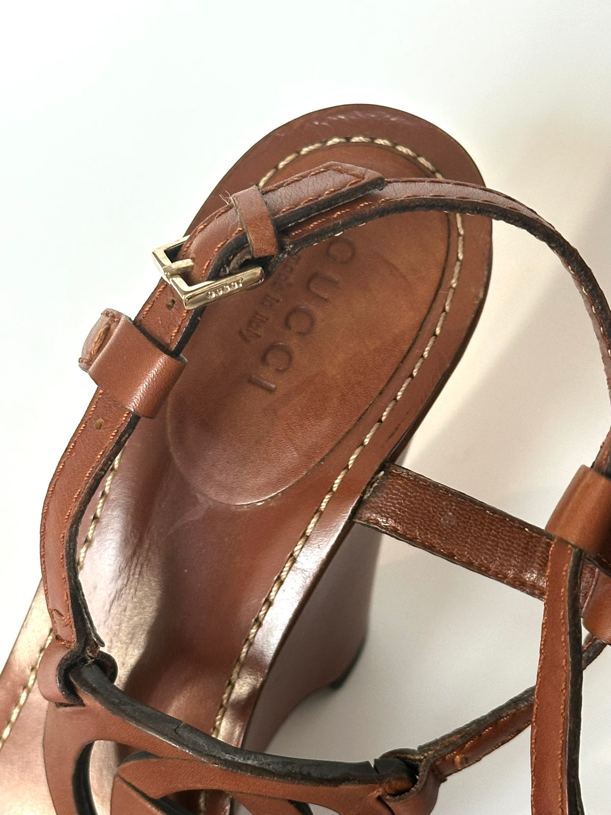 Gucci Brown Leather Wedge Heels, IT 38.5