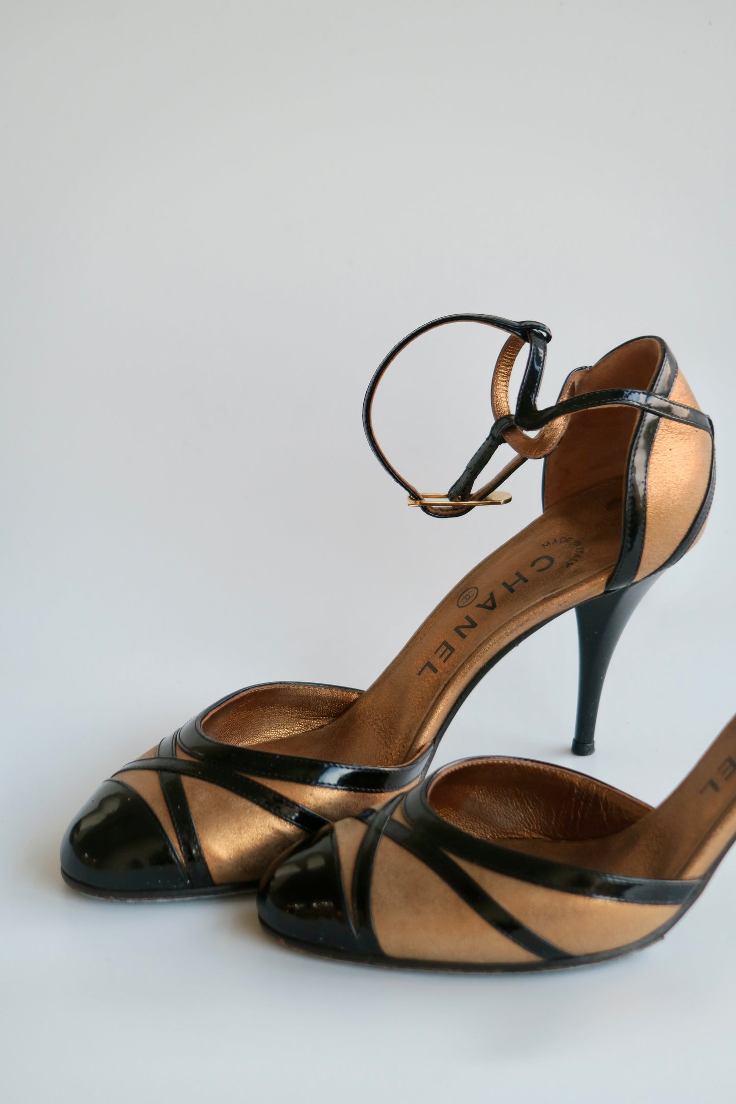 Chanel Gold Ankle Strap Heels, IT 36.5
