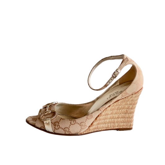Gucci Beige GG Monogram Wedge Heels, IT 36
