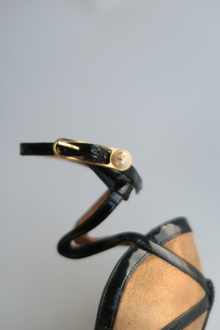 Chanel Gold Ankle Strap Heels, IT 36.5
