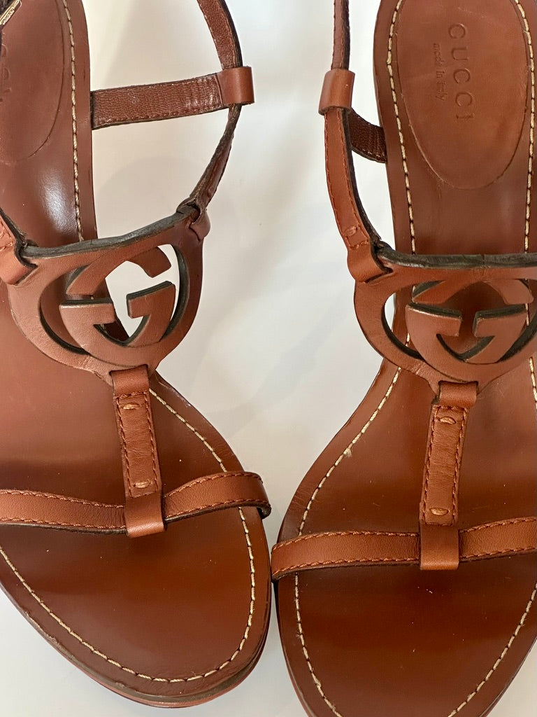 Gucci Brown Leather Wedge Heels, IT 38.5