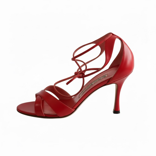 Red high-heeled sandal on a light gray background